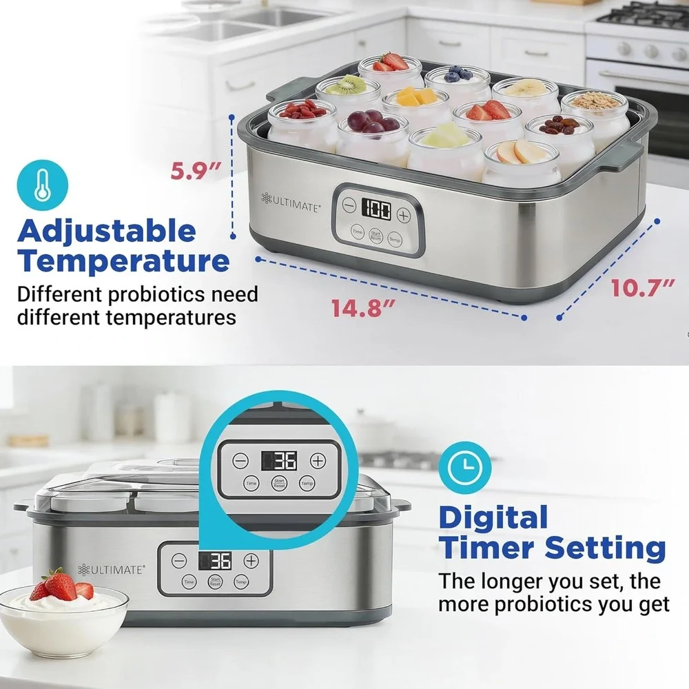 Ultimate Probiotic Yogurt‎ Maker XL Adjustable Temperature & Time 12 Glass Jars